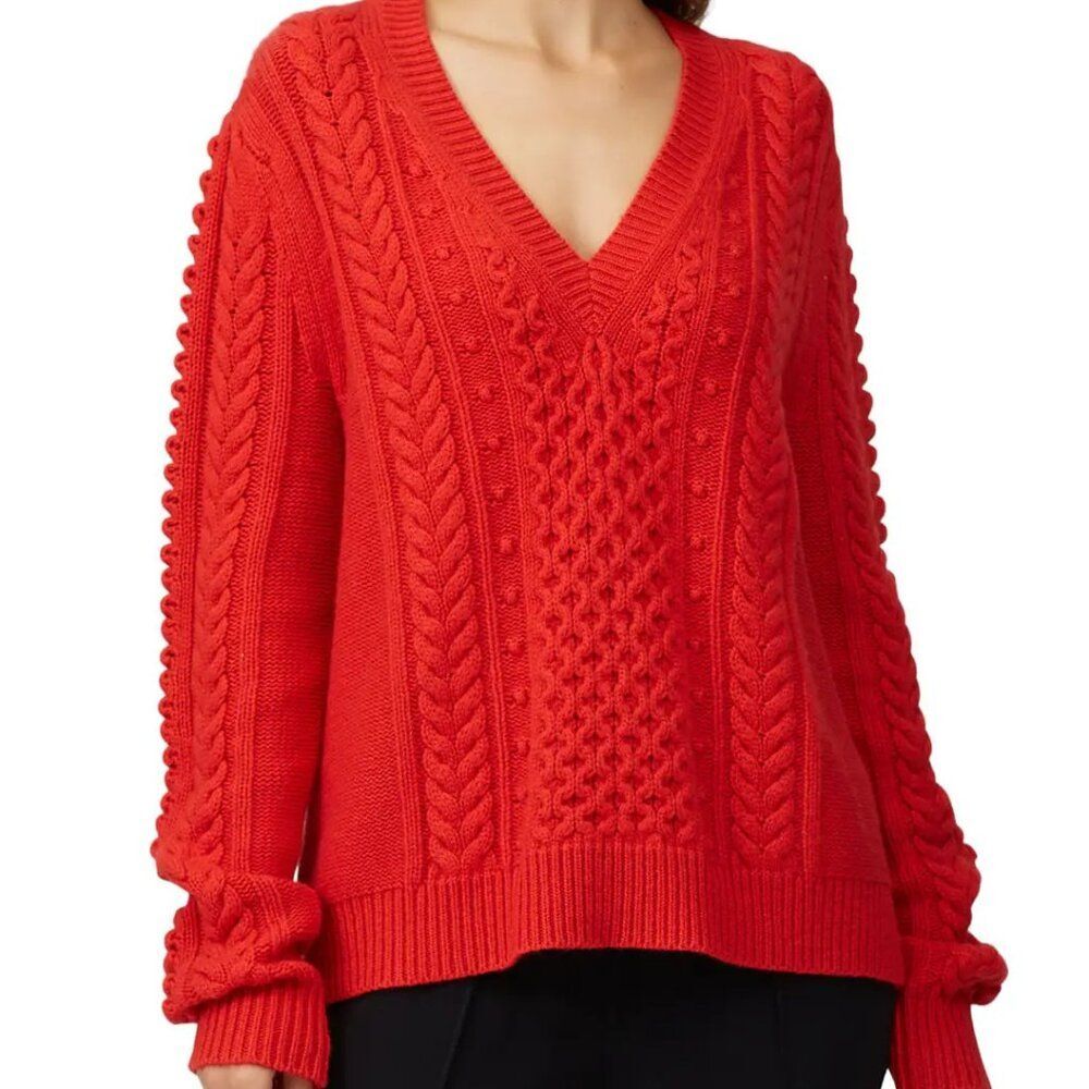 Jason Wu Red Cable Knit Popcorn Wool blend Fun, cozy V neck Sweater Sz Small